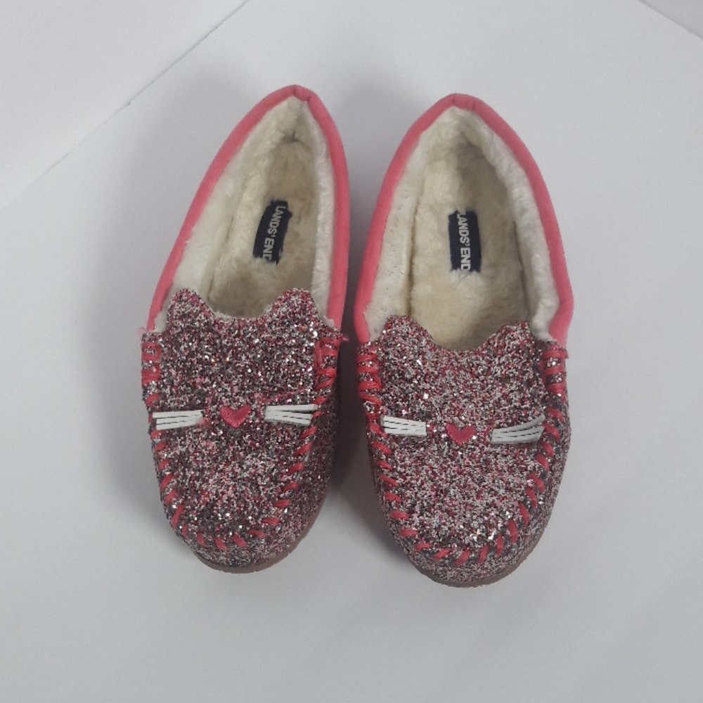Land's End Girls Pink Glitter Cat Face Front Faux Fur Lined Size 3 Slipppers